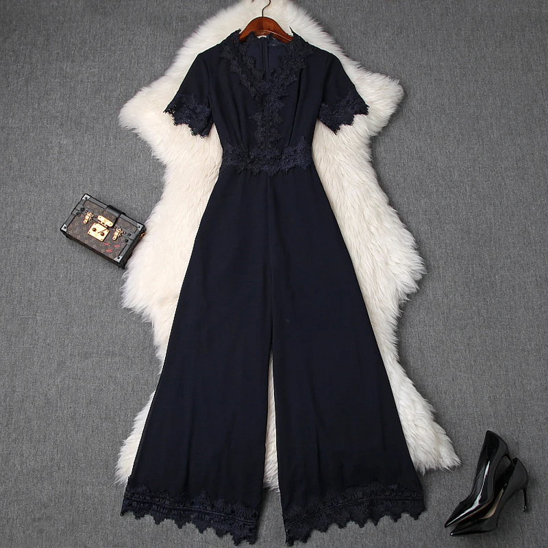 

elegant Slim Short sleeve Jumpsuits 2019 new spring summer Wide Leg Pant body femme casual office lady Lace Women Party Jumpsuit