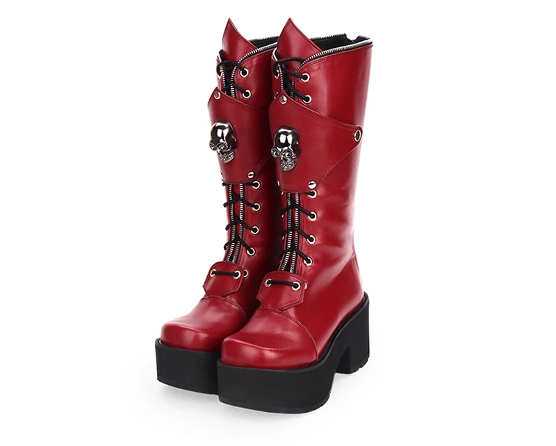 Модные зимние женские ботинки Лолиты на высоком каблуке и платформе; обувь на молнии с черепом в стиле панк; женские высокие сапоги в готическом стиле; большие размеры - Цвет: Бордовый