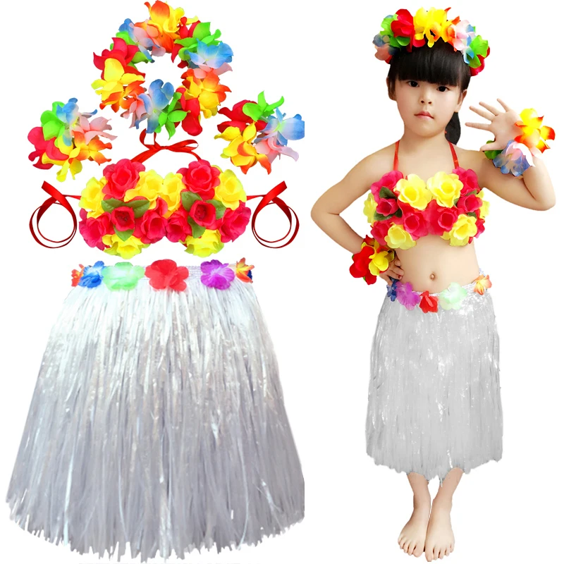 

Hot selling Kids hawaiian hula grass skirt lei set headwear bracelet garland leis party decoration