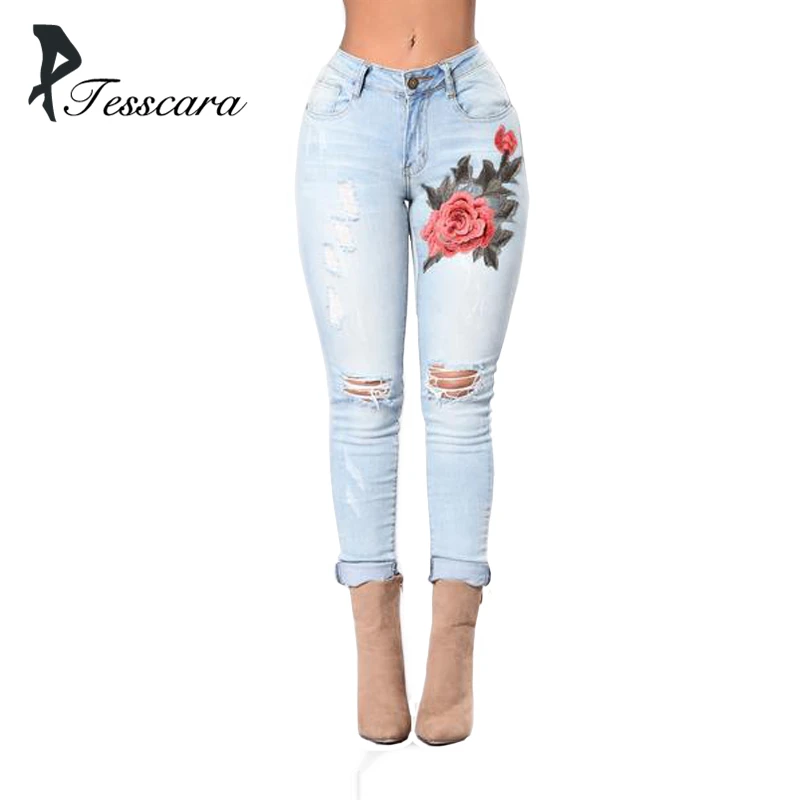Woman Skinny Slim Pencil Jeans Pants Female Embroidery Mid Waist Hole Ripped Plus Size Big Hip