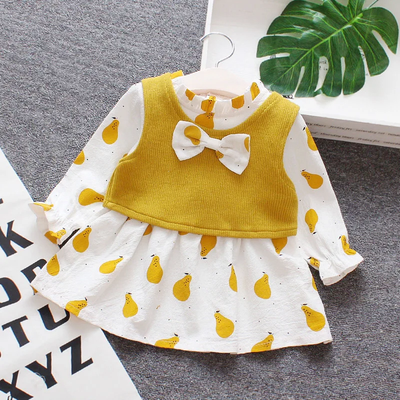 

Flower girl dresses baby pear printing bow crew neck christening dress for baby girl long sleeve birthday girl dress
