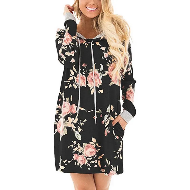 

2018 Spring Women Fashion Hooded Dress Long Sleeve Hoodies Dress With Pockets Floral Print Long Sleeve Casual Vestidos
