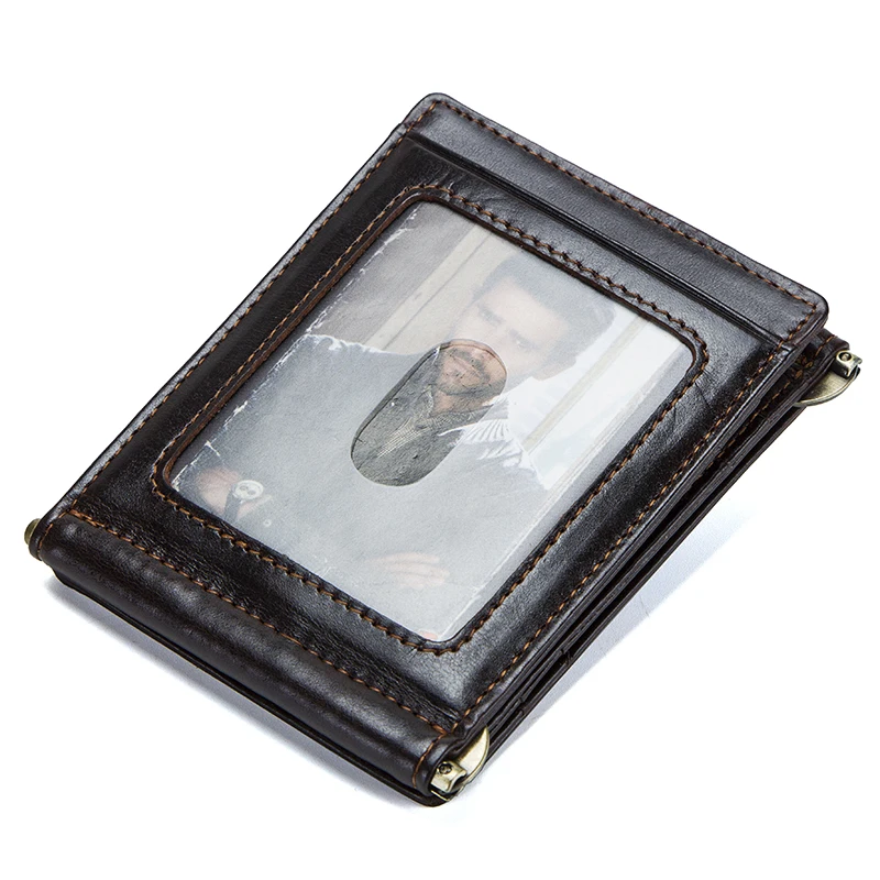 Leather Bifold Wallet Money Clips Wallet Tri Fold Wallet Crazy Horse cowhide leather RFID money clip slim card wallet trifold male cash clamp man cash holder zip coin pocket