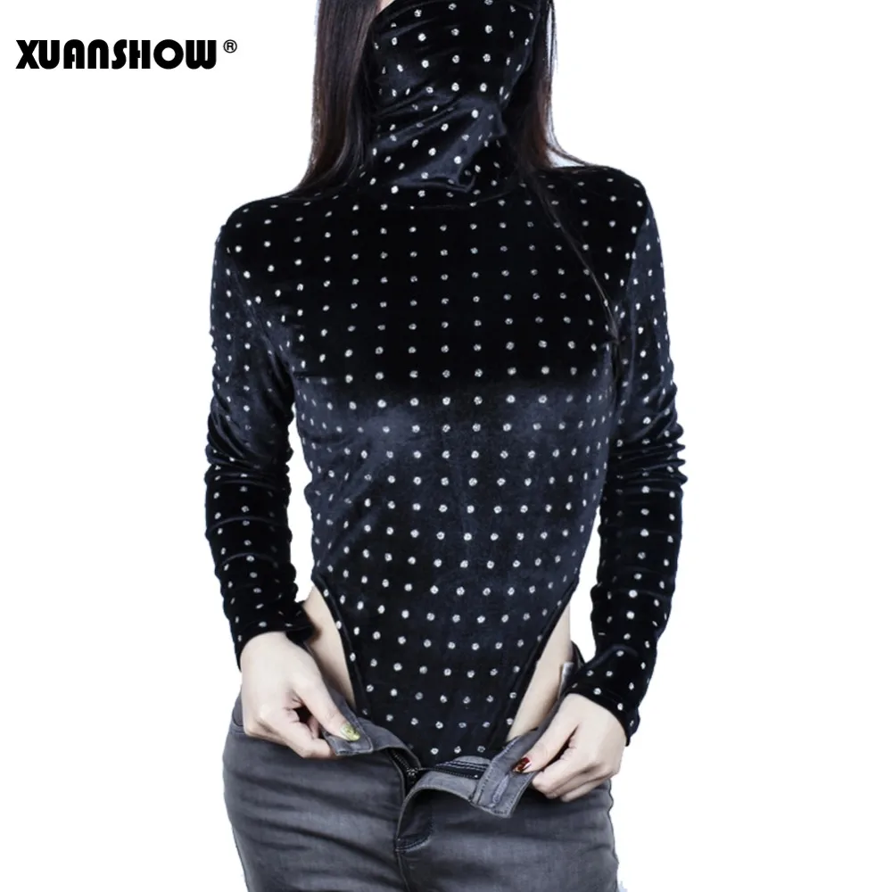 

XUANSHOW 2019 Velvet Bodysuit Women Black Turtleneck Fashion Spring Autumn Wave Point Fitness Long Sleeve Rompers Body Femme