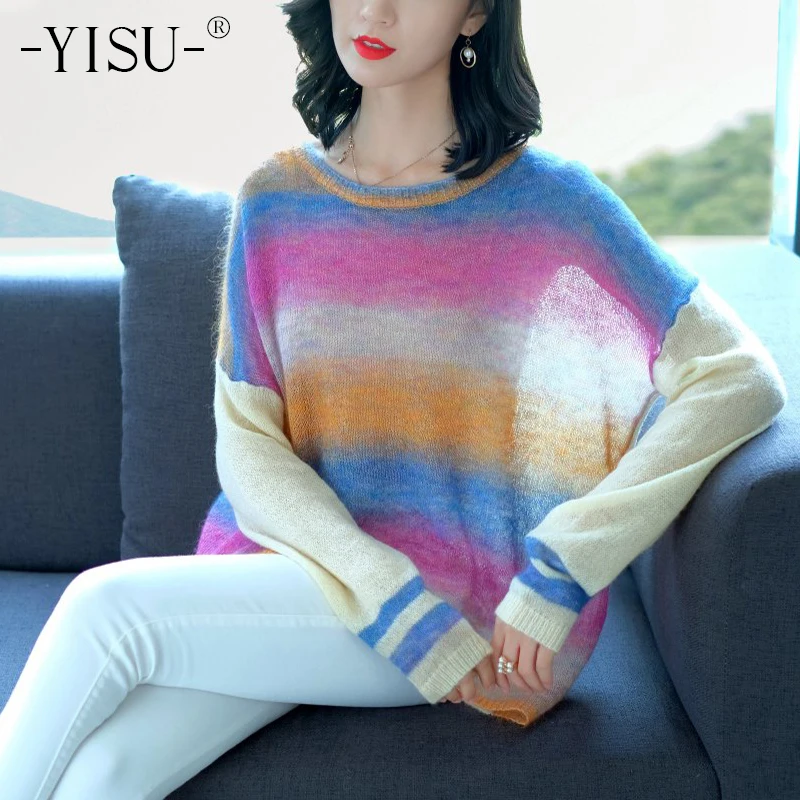 YISU цветной мохеровый свитер для женщин, осенний зимний пуловер, вязаный свитер, Повседневная вязаная одежда, свитер большого размера, свободный шерстяной свитер