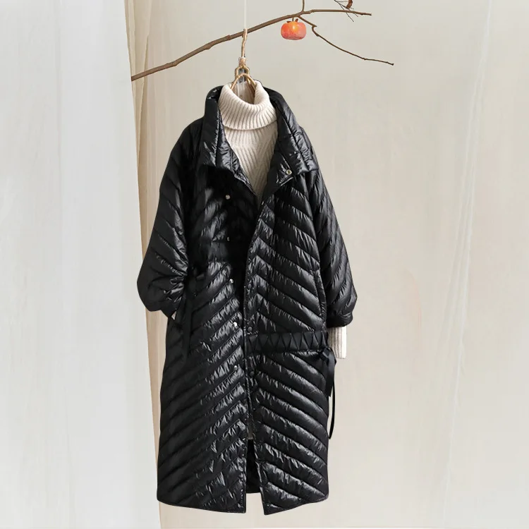 Original Retro Literary Loose Solid Color Stand Collar Long Down Jacket Coat Women's Cashmere Down Jacket