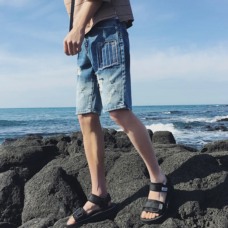 Шорты джинсы мужские модные летние мужские отверстие патч джинсовые Короткие Градиент Хлопковые джинсы короткие homme ete