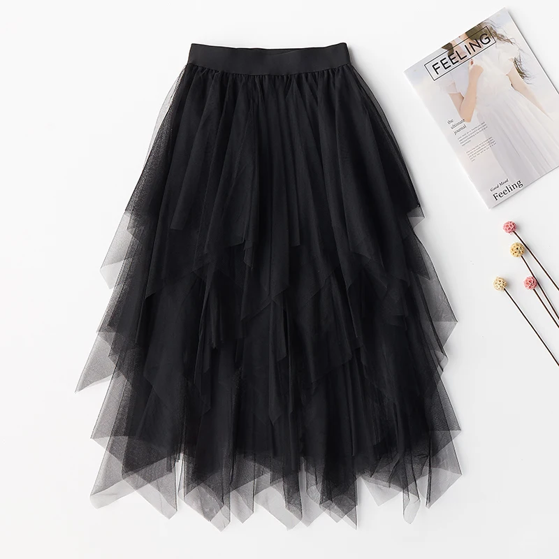 

2019 New Irregular Tulle Long Skirts Womens High Waist Tutu Pleated Midi Skirt A-line multi-layer Mesh Summer Party Maxi Skirt