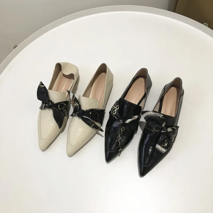 

MLJUESE 2019 women flats Soft Cow leather bow-tied pointed toe comfortable flats shoes spring autumn casual shoes size 34-40