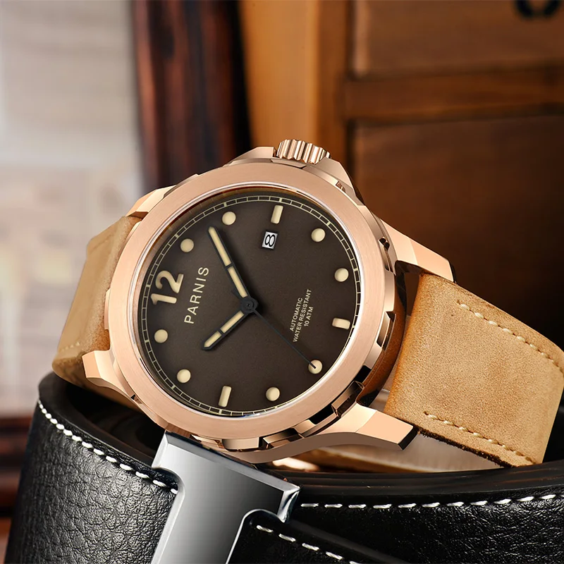  44mm Parnis Mens brown Dial Sapphire Glass Auto Date Genuine Leather Watchband Military Automatic M