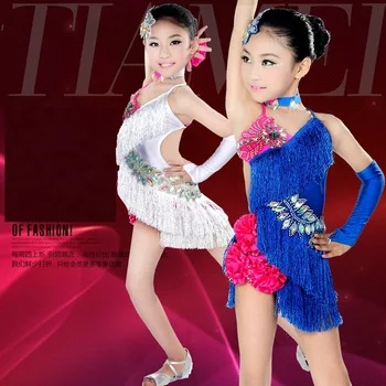 child tassels Latin Dance Ballroom Girls Samba salsa dresses sequin Costumes Children white tango dress for kids latino cha cha