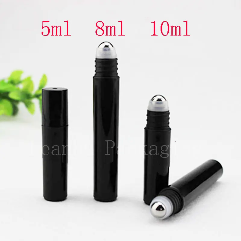 

5ml 8ml 10ml empty black roll on plastic container roller on perfumes bottles essential oil bottle with stainless steel ball