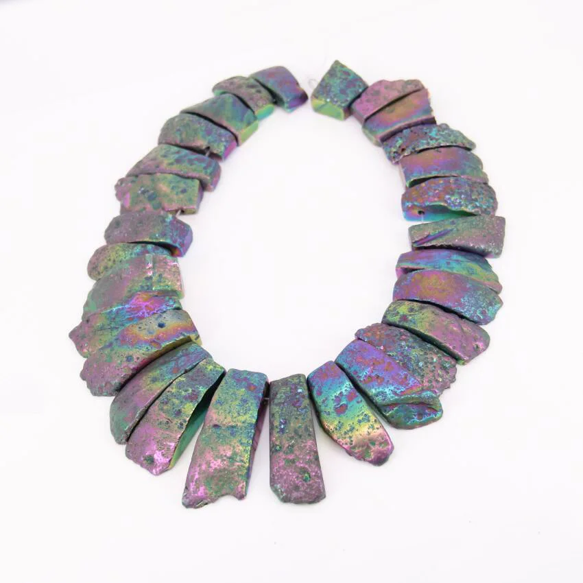 

Slab Rainbow AB Titanium Achate Graduated Loose Beads for Necklace strand,Natural Raw Stones Top Drilled Long Point Pendants