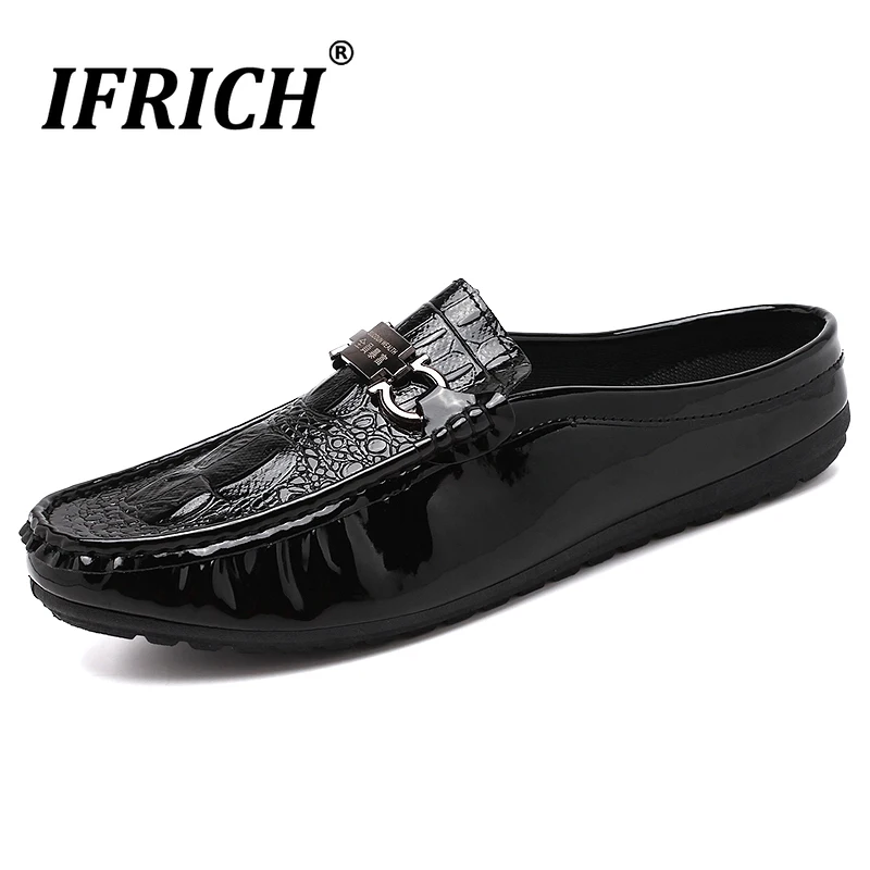 

Fashion Youth Casual Shoes For Men Half Drag Slip On Man Shoes Black Patent Leather Men Loafers Designer Hand Made Men Shoes