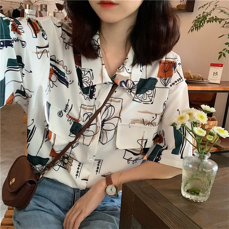 Women Shirt New Summer Loose Casual Blouse Female Short Sleeve Shirt Flower Print Women Tops XZ426