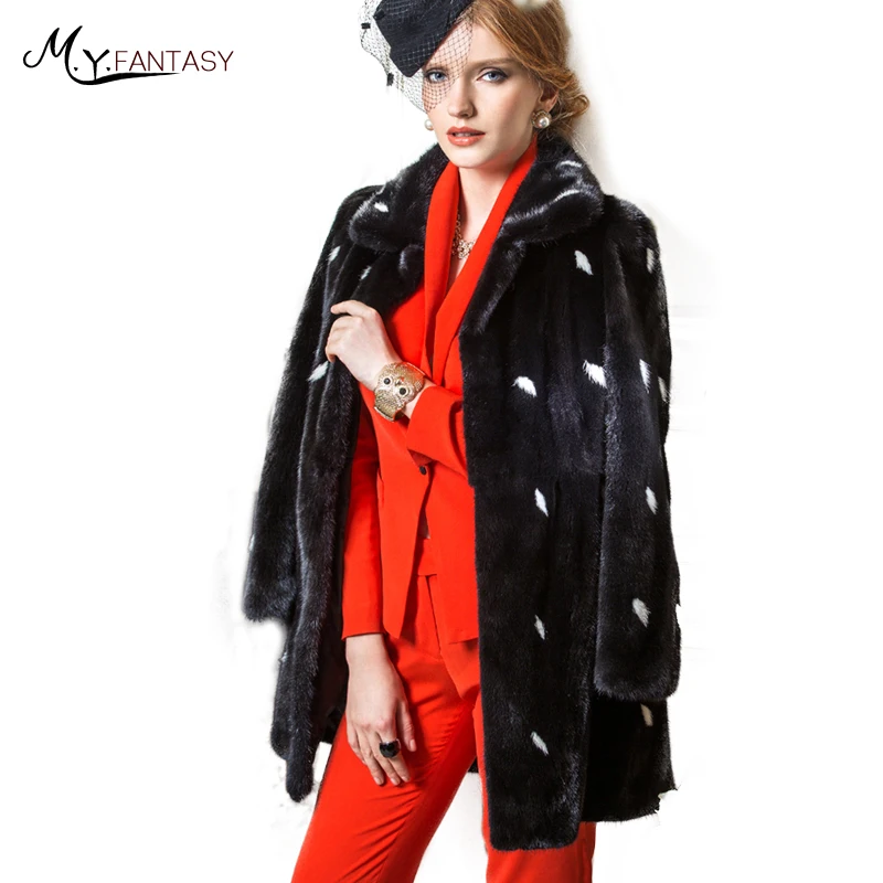  M.Y.FANSTY 2019 Print Dot Pattern Mink Fur Coat Female Denmark Import Long Sleeves Women Coat Slim 