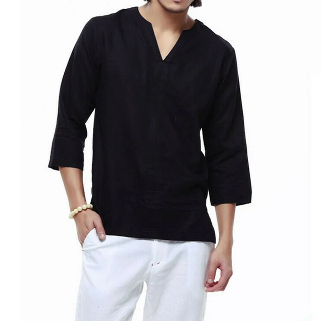 Black White Linen Shirt Men Casual Loose Summer Short Sleeve V Neck