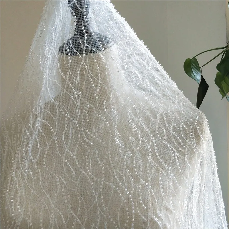 

1 Yard off white net tulle lace fabric with beads and sequines luxurious! 2019 NEW bead bridal wedding gowns dresses lace fabric