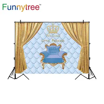 

Funnytree background photophone blue headboard tuft golden curtain luxurious crown prince party newborn baby shower backdrops