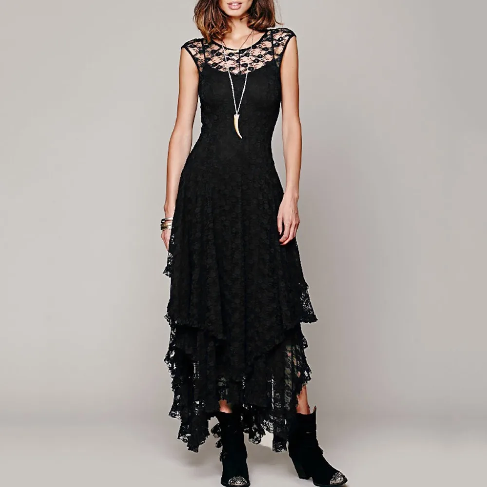 

Women's Boho People Hippie Style Irregular Lace Dresses Sexy Long Dress Double Layered Ruffled Trimming Dress