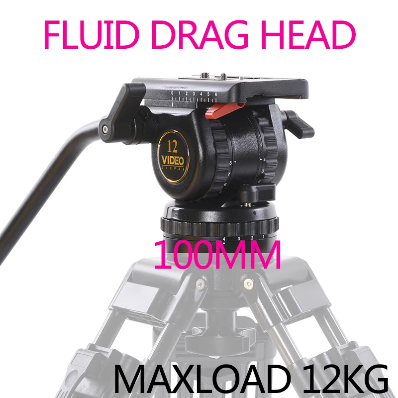 V12 Professional Tripod Fluid Drag Head 100mm bowl Load 12KG for Video