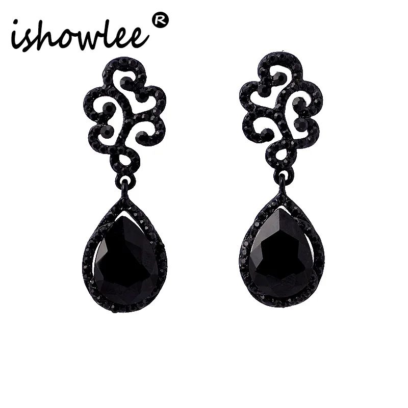 

ISHOWLEE Big Black Crystal Flower Water Drop Earrings with Stones Large Evening Rhinestones Dangle Earrings Women Jewelry esh28