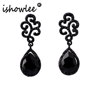 

ISHOWLEE Big Black Crystal Flower Water Drop Earrings with Stones Large Evening Rhinestones Dangle Earrings Women Jewelry esh28