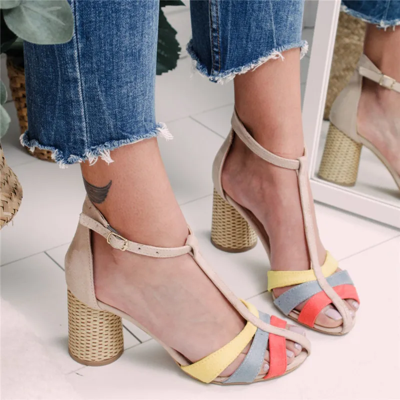 Strap Heel Peep Toe Chunky Sandals Vintage Slip On Elastic Bandage High Heels Platform Sandals Sandalias Mujer 2019