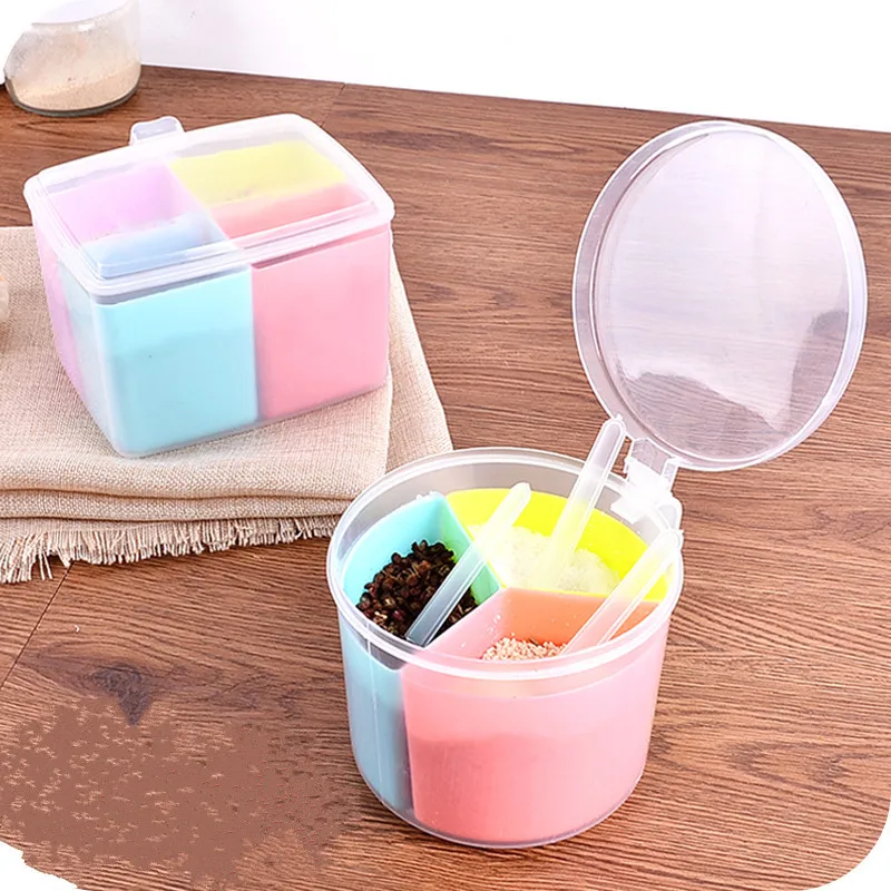 

4 Cell Spice Jar Seasoning Box Kitchen Spice Storage Bottle Jars Salt Pepper Cumin Powder Box Tool