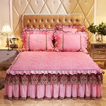 

1/3pcs princess lace bed skirt high quality features new velvet sheets pillowcase wedding romantic bedding