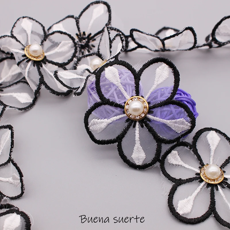 

10x Black white Pearl Daisies Flower Rhinestone Embroidered Lace Trim Ribbon Fabric Handmade DIY Dress Sewing Supplies Craft