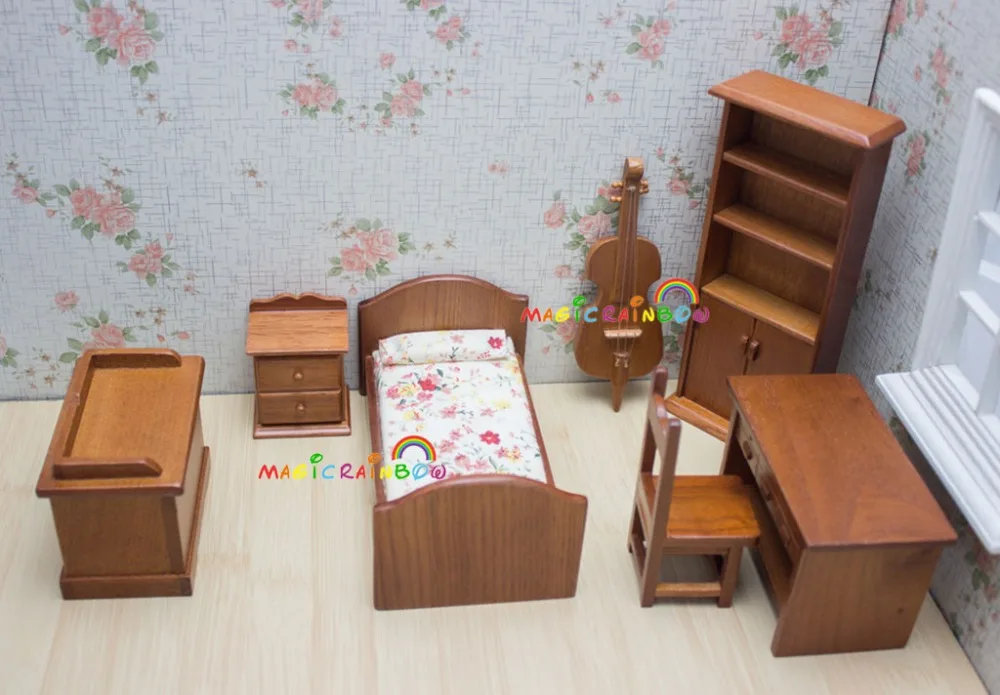 

Dolls Living Room Furniture Bed Bookcase Storage Cabinet Bedside Table Chair Cello Dollhouse Miniatures 1:12 Room Sets