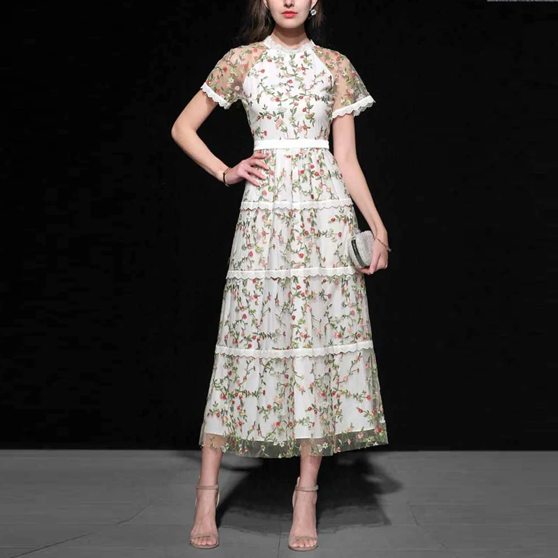 

Limiguyue vintage lace floral embroidery dress women short sleeve slim stand collar summer long party dress runway dresses T663