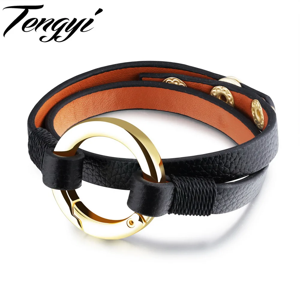 TENGYI Double Layers Women Leather Bracelet Large Circle Design Alloy Braided Rop Genuine Cowhide Bracelets Bangles Gift TY1121P | Украшения