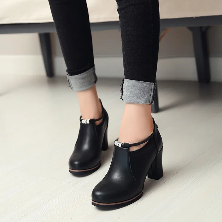 

Big Size11 12 13 14 15 16Metal Decorative Water Drill Side Zipper Short Boots with Round Head and Rough heel Waterproof Platform