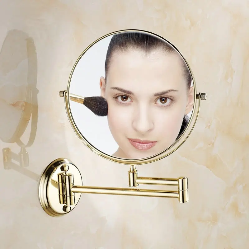 

8 Inch Golden Polished Brass Bathroom Cosmetic Mirror Makeup Mirror Double Slide Magnifying Bath Mirrors Wall Mounted