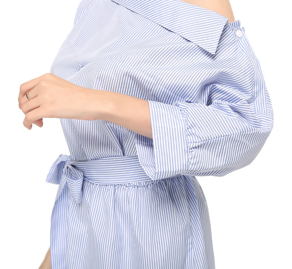 Plus Size Women's Blue Striped Shirt Short Dress - Sexy Side Split Half Sleeve Beach Dresses - Mini Sundress (3XL) image 2