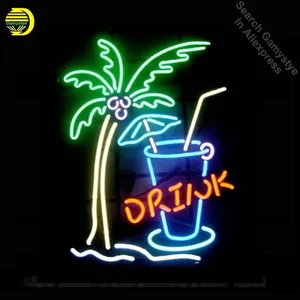 17x14 Palm Tree Drink Custom Handmade Real Glass Neon Signs Beer Bar Light Custom LOGO Neon Lights Art Lamps Vintage Neon Signs
