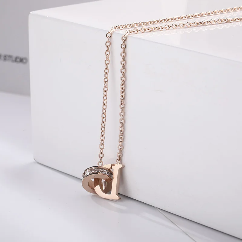 

Bilincolor rose gold color stainless steel chain round cubic zirconia circle letter D initial necklace