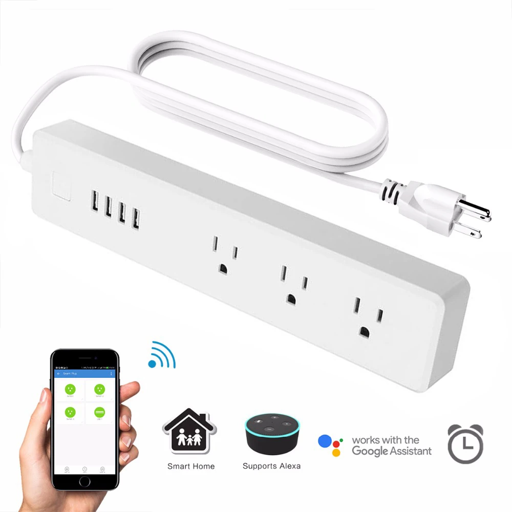 

Jiawen Smart Home Power Electrical Socket Wifi App Wireless Remote Control 3 Ports 4 USB Outlet Plug Work with Amazon Alexa