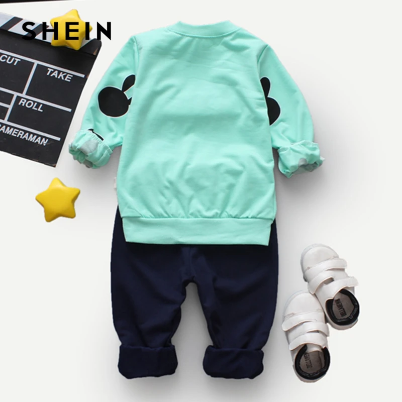 SHEIN/детская одежда для маленьких мальчиков; пуловер с принтом с героями мультфильмов и штаны; детская одежда; коллекция года; Весенний повседневный костюм с длинными рукавами; комплекты для детей
