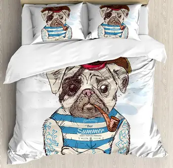 

Pug Duvet Cover Set Queen Size Pirate Pug Conqueror of The Seas Pipe Skulls and Bones Hat Striped Sleeveless T-Shirt Decorative