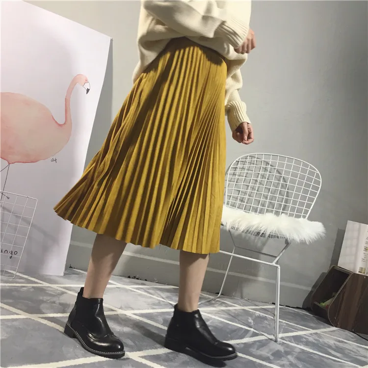 Популярная брендовая Высококачественная Женская замшевая юбка, осенняя длинная Плиссированная юбка с высокой талией, Женская винтажная юбка средней длины s Saias Faldas - Цвет: Цвет: желтый