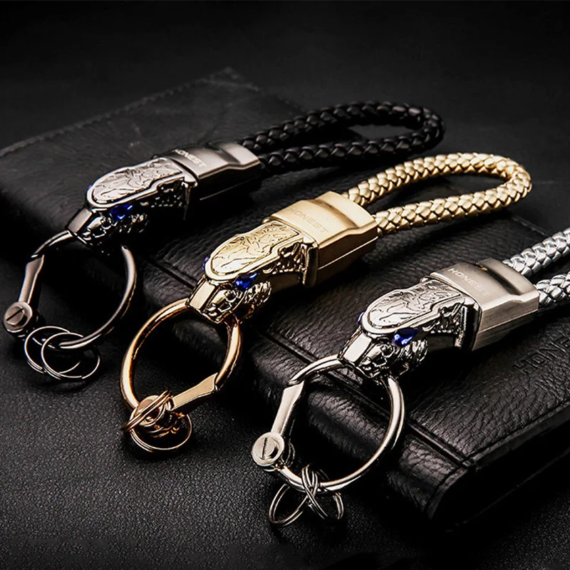 

High Grade Men KeyChain Rhinestones Car Key Chain Best Gift Jewelry Genuine Leather Rope KeyChains Leopard Bag Pendant 3Styles