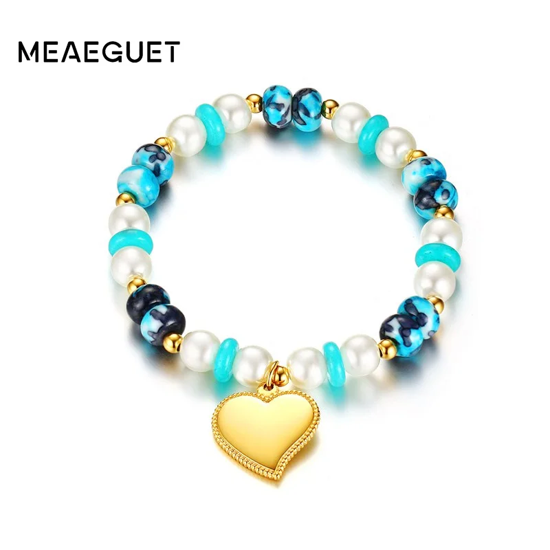 

Meaeguet Womens Bracelets Stainless Steel Stones Elastic Beaded Bracelet with Elephant Cross Heart Charm Jewelry