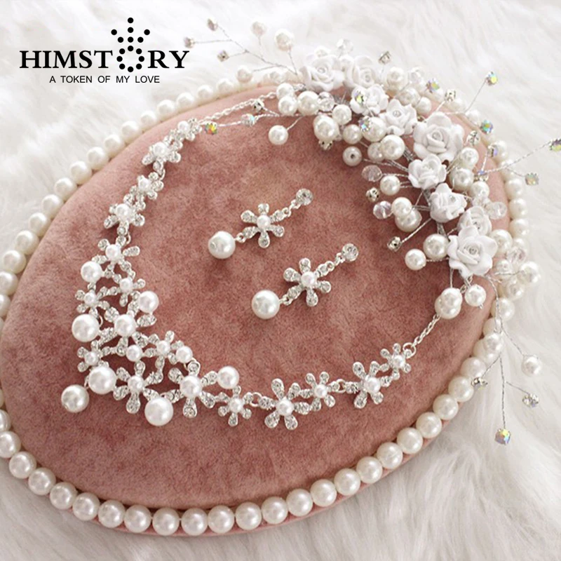 

HIMSTORY Handmade Korea Style Handmade Wedding Jewelry Crystal Rhinestone Imitate Pearl Flower Necklace Earring Headpiece Set