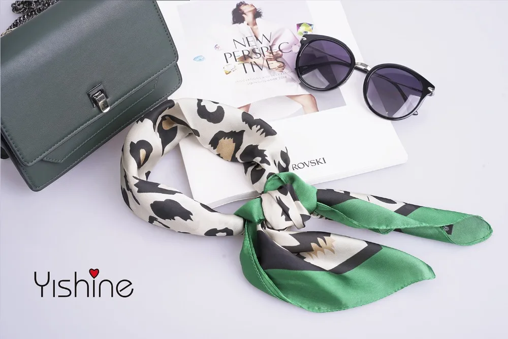 

Yishine 70*70 CM New Red Green Blue Leopard Prints Polyester Scarves for Women New Design Brand Small Square Silk Scarf