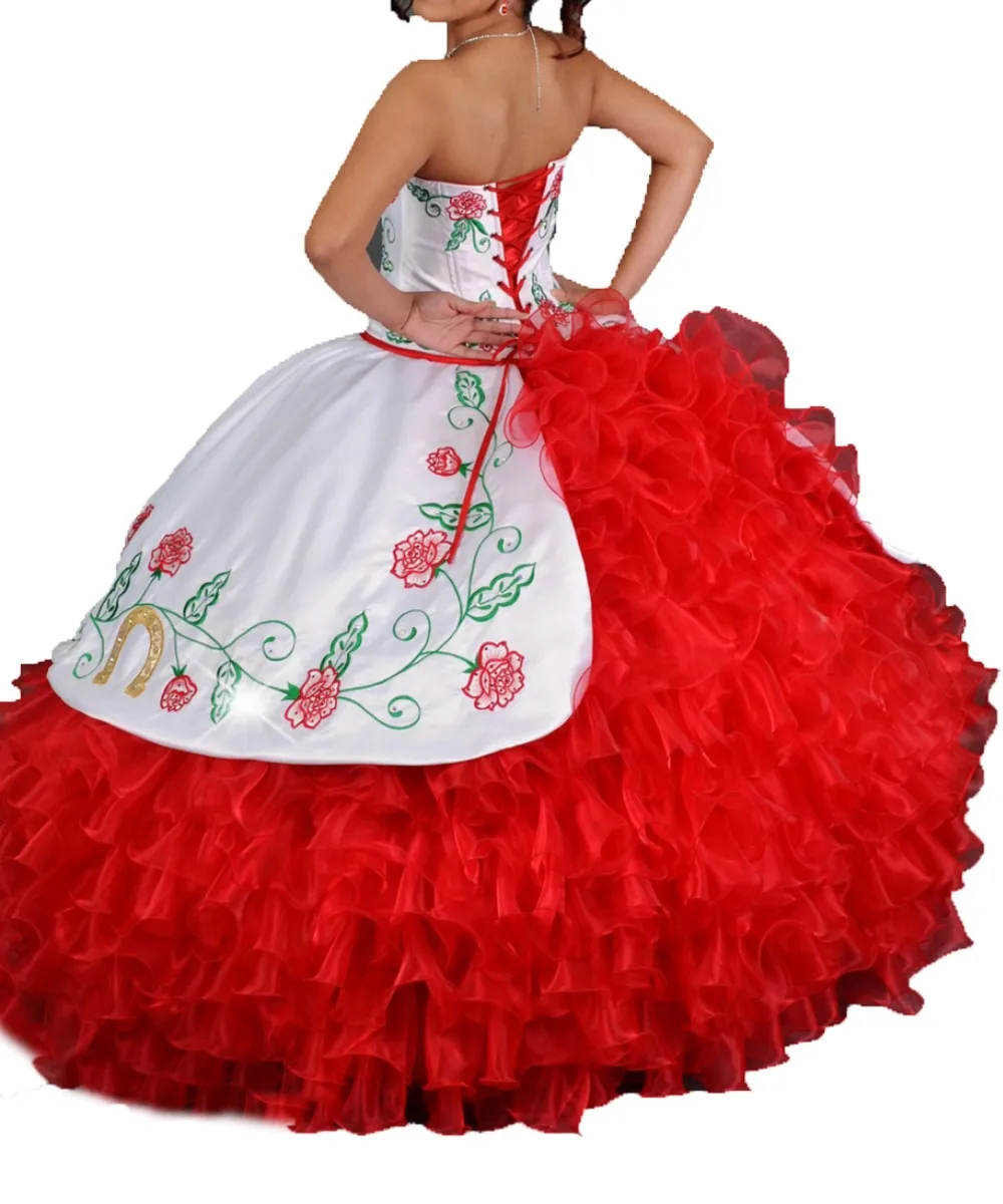 New Real White Red Embroidery Quinceanera Dresses Ball Gown Sweetheart Ruffles Vestidos De 15 Anos Sweet 16 Dresses