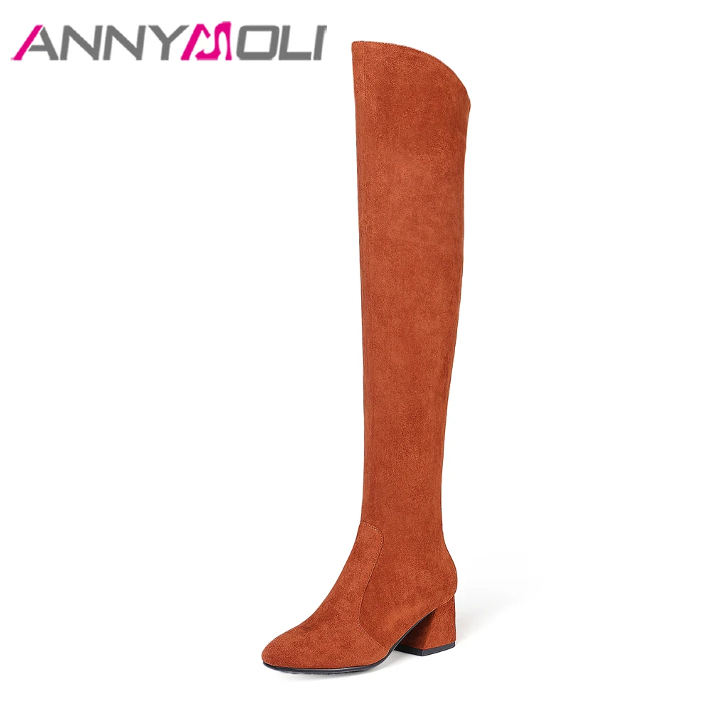 

ANNYMOLI Over the Knee Boots Winter Women Boots High Heel Square Toe Tall Boots Zipper Thick Heel Shoes Ladies New Large Size 43