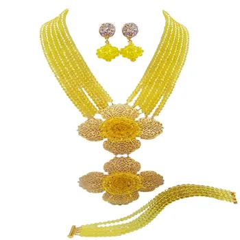 

Fashion Yellow Multi Strands Statement Necklace Nigerian Wedding African Beads Jewelry Set Crystal 5-LDH29